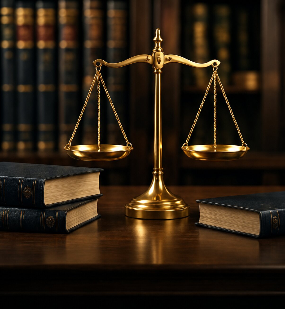 Brass scales of justice on a polished wooden desk with leather-bound legal volumes