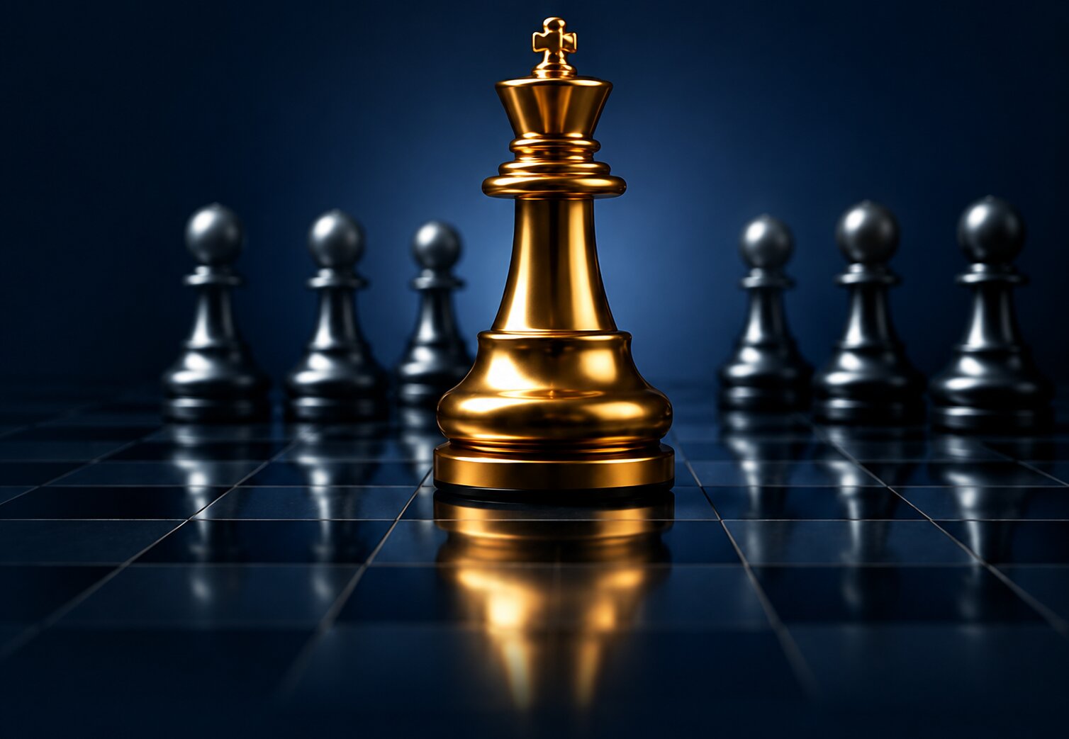 Gold chess king piece leading a row of silver pawns — strategy and leadership